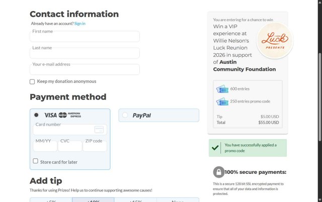Prizeo checkout page showing Prizeo promo code box | Screenshot taken by SimplyCodes community member on Jul 11, 2025