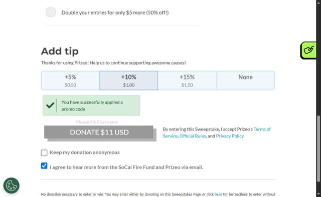 Prizeo checkout page showing Prizeo promo code box | Screenshot taken by SimplyCodes community member on May 16, 2025