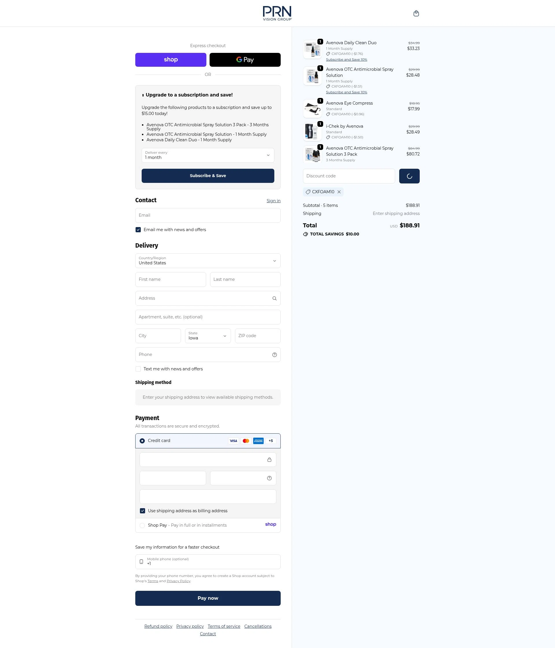 PRN Vision checkout page showing PRN Vision promo code box | Screenshot taken by SimplyCodes community member on Jan 8, 2026