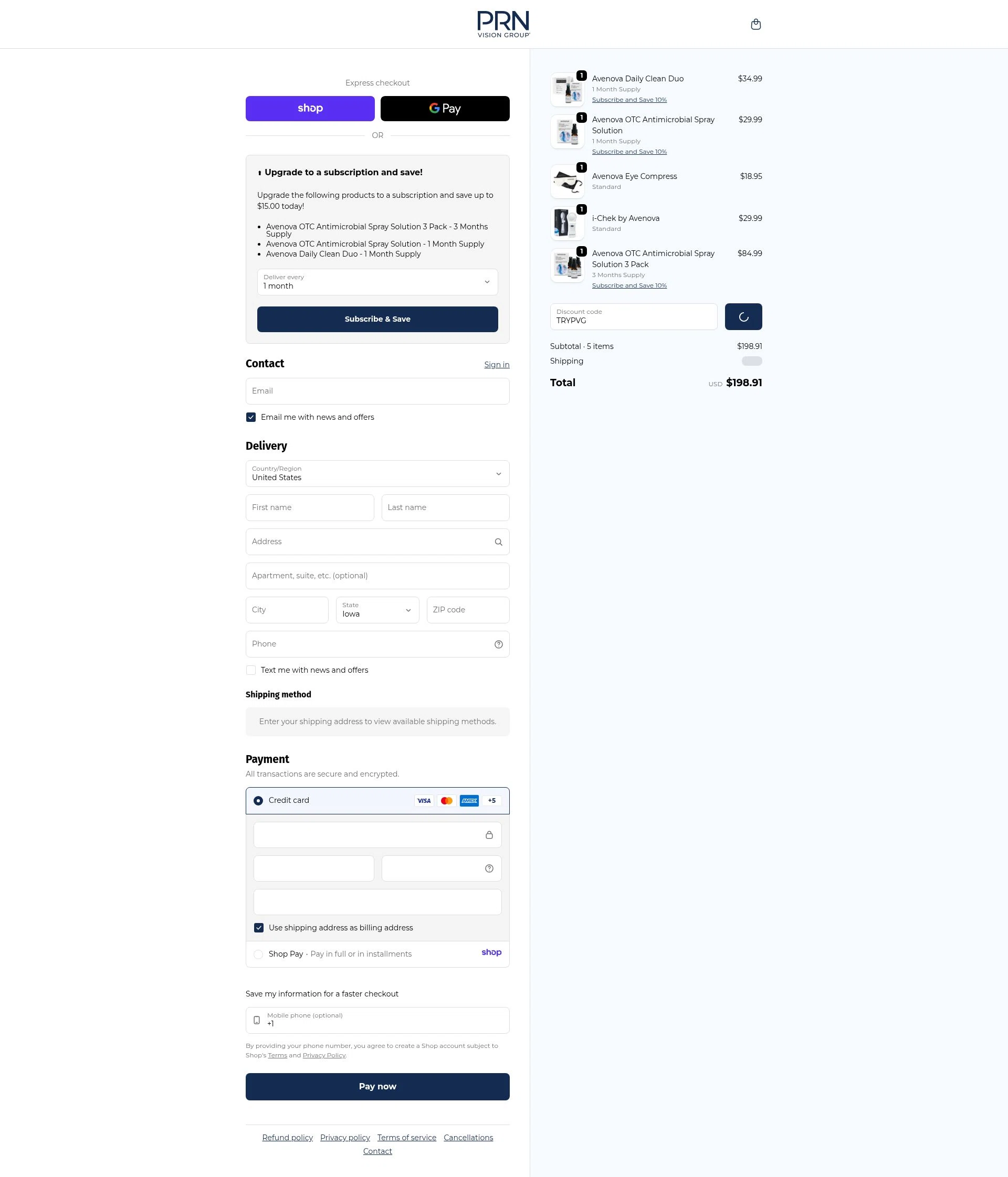 PRN Vision checkout page showing PRN Vision promo code box | Screenshot taken by SimplyCodes community member on Jan 8, 2026