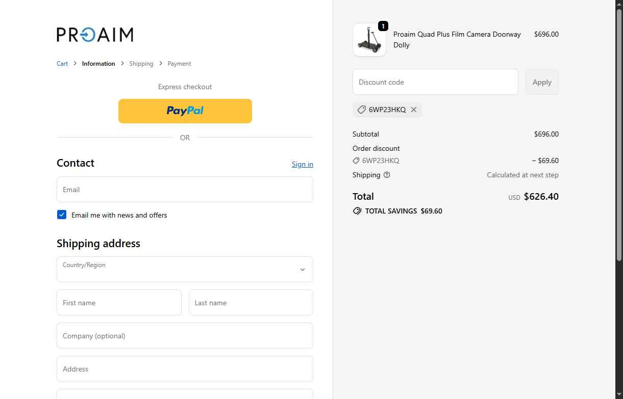 Proaim checkout page showing Proaim discount code box | Screenshot taken by SimplyCodes community member on Feb 3, 2026
