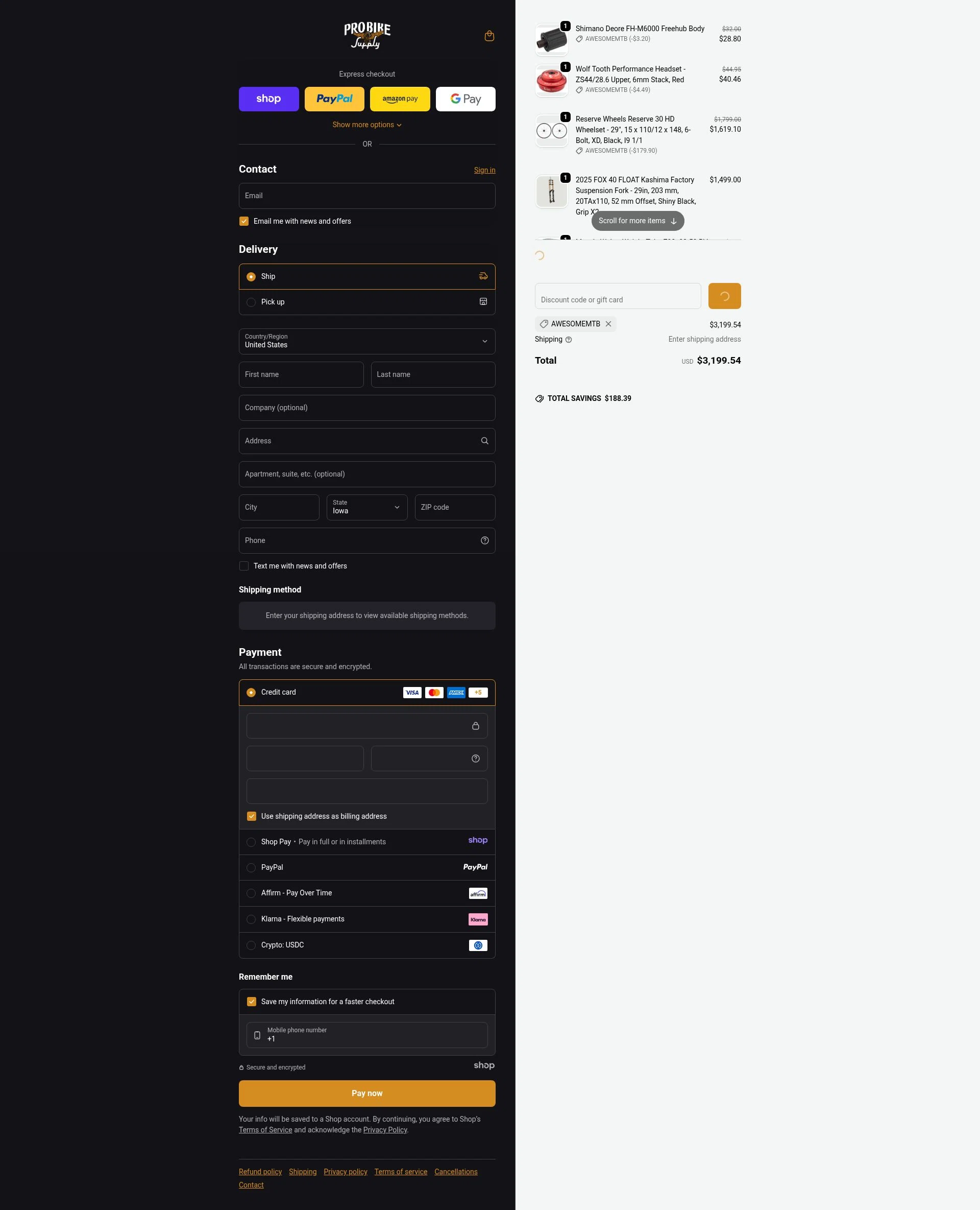 Pro Bike Supply checkout page showing Pro Bike Supply discount code box | Screenshot taken by SimplyCodes community member on Dec 28, 2025