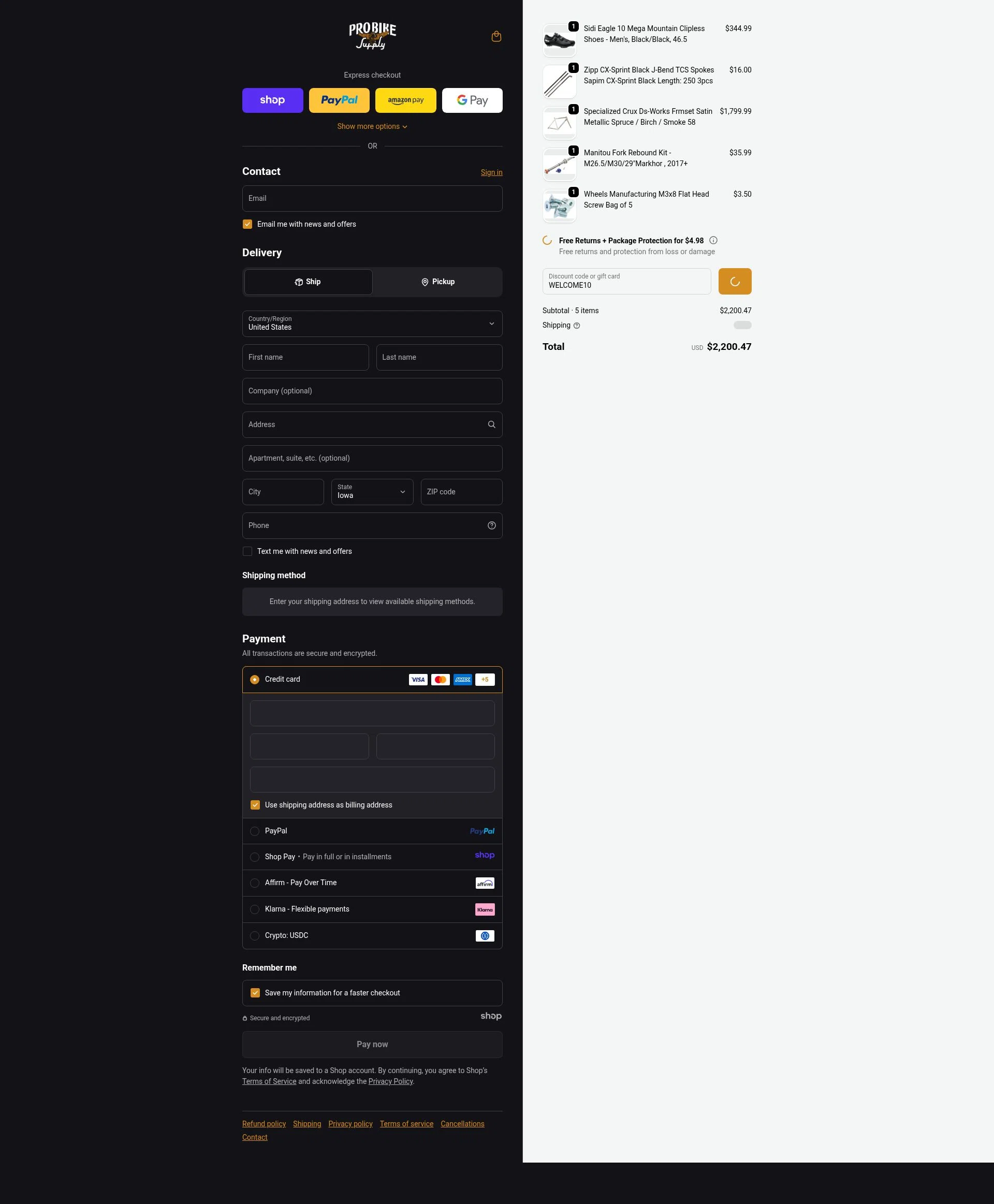 Pro Bike Supply checkout page showing Pro Bike Supply discount code box | Screenshot taken by SimplyCodes community member on Dec 17, 2025