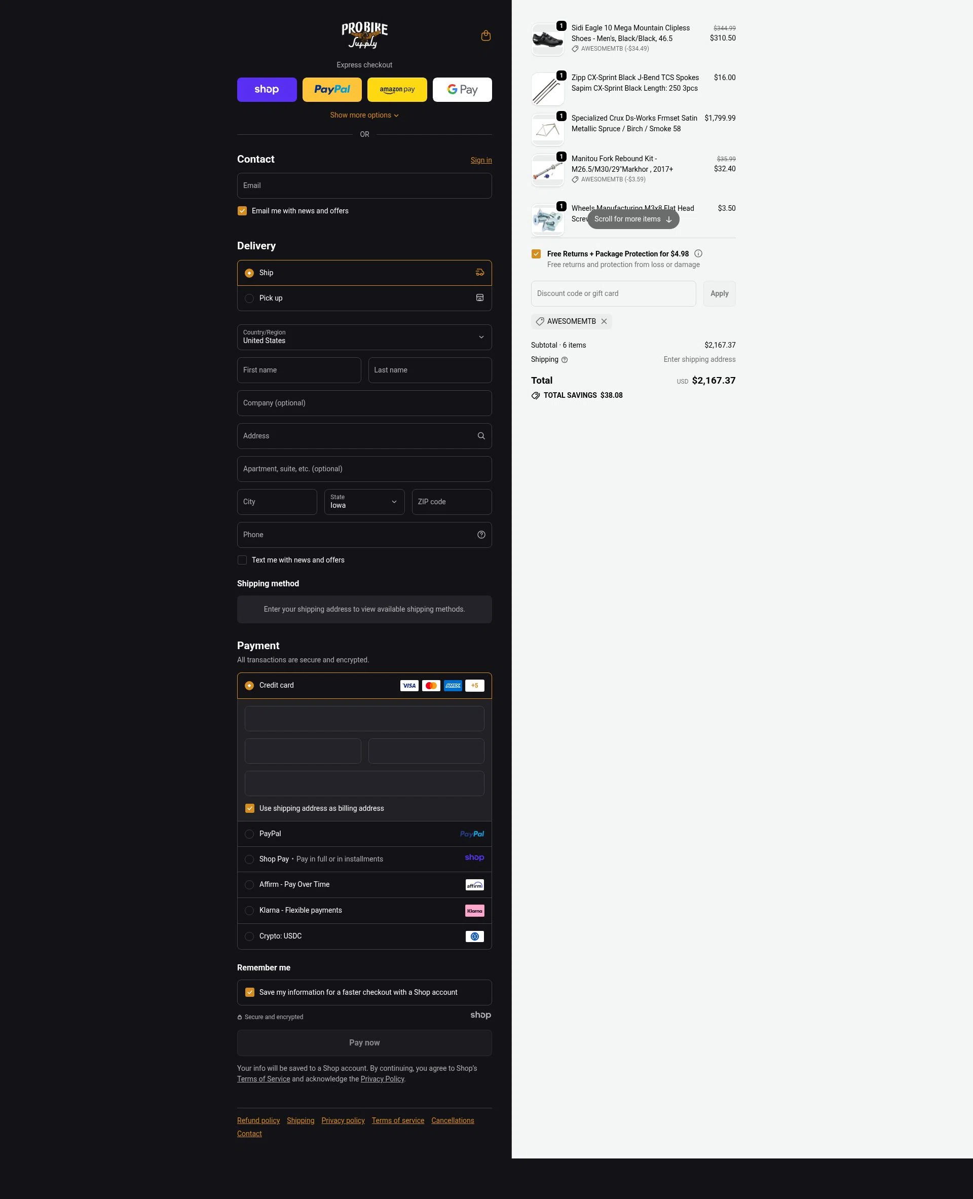 Pro Bike Supply checkout page showing Pro Bike Supply discount code box | Screenshot taken by SimplyCodes community member on Dec 5, 2025