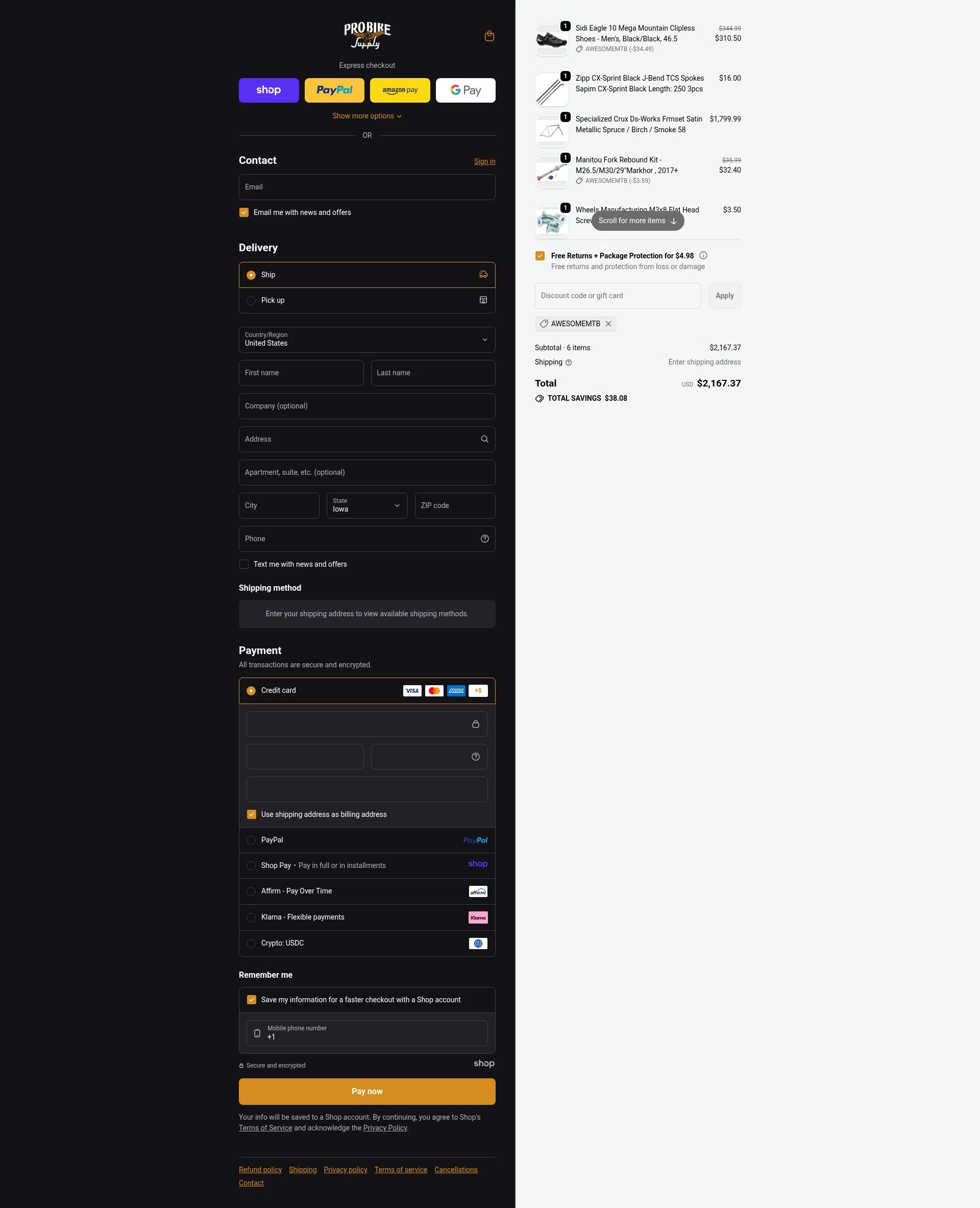 Pro Bike Supply checkout page showing Pro Bike Supply discount code box | Screenshot taken by SimplyCodes community member on Dec 11, 2025