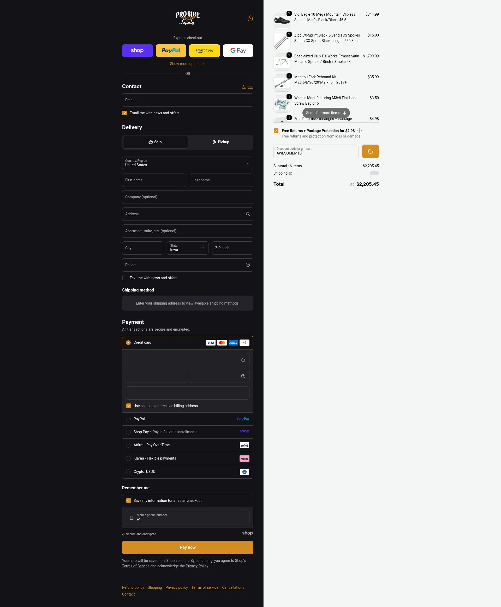 Pro Bike Supply checkout page showing Pro Bike Supply discount code box | Screenshot taken by SimplyCodes community member on Dec 17, 2025