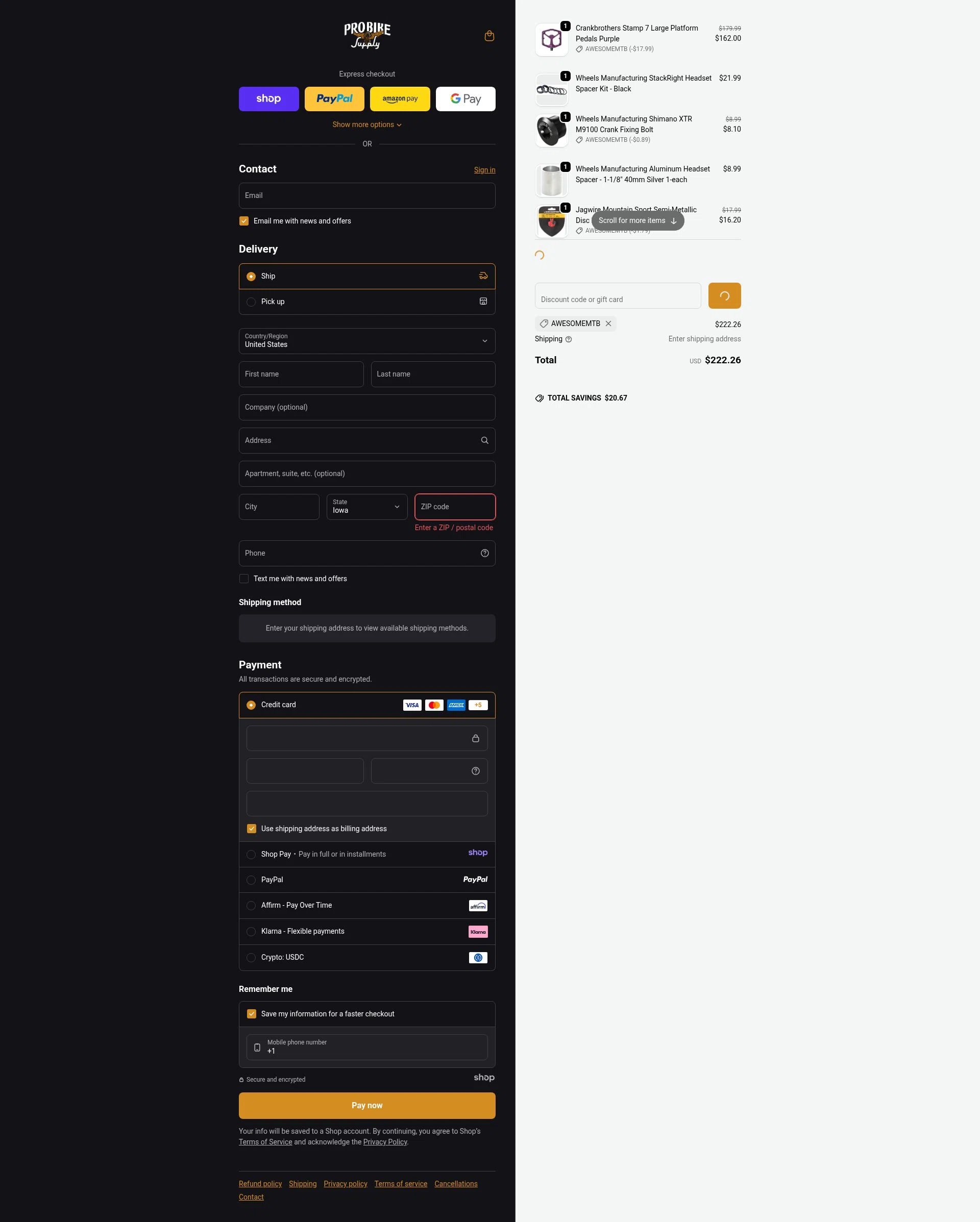 Pro Bike Supply checkout page showing Pro Bike Supply discount code box | Screenshot taken by SimplyCodes community member on Dec 23, 2025