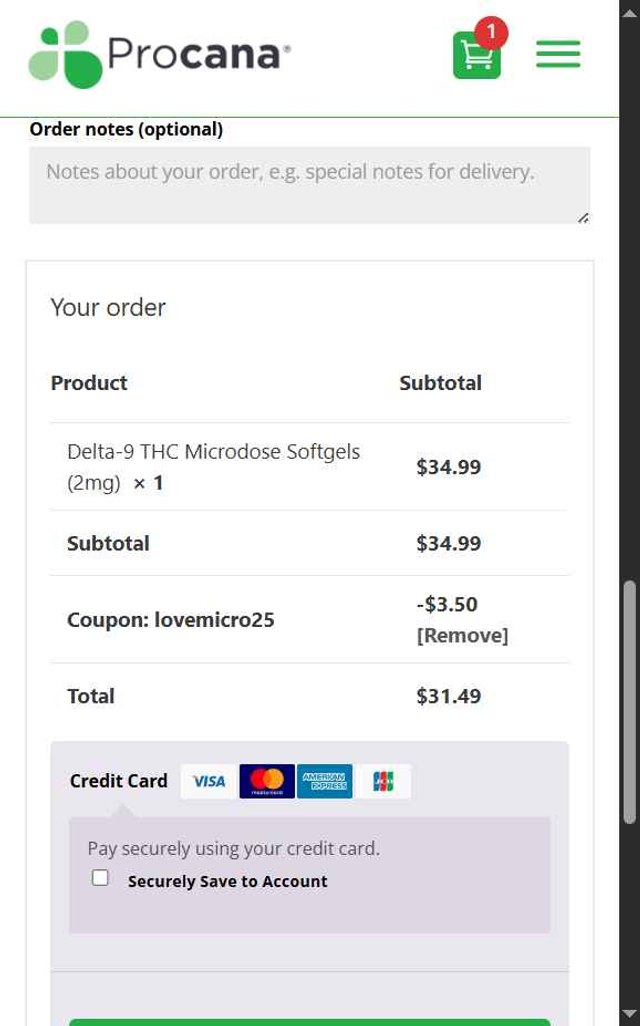Procana checkout page showing Procana promo code box | Screenshot taken by SimplyCodes community member on Jul 30, 2025