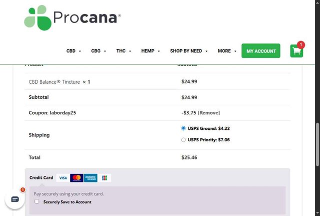 Procana checkout page showing Procana promo code box | Screenshot taken by SimplyCodes community member on Sep 1, 2025