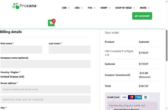 Procana checkout page showing Procana promo code box | Screenshot taken by SimplyCodes community member on Aug 28, 2025