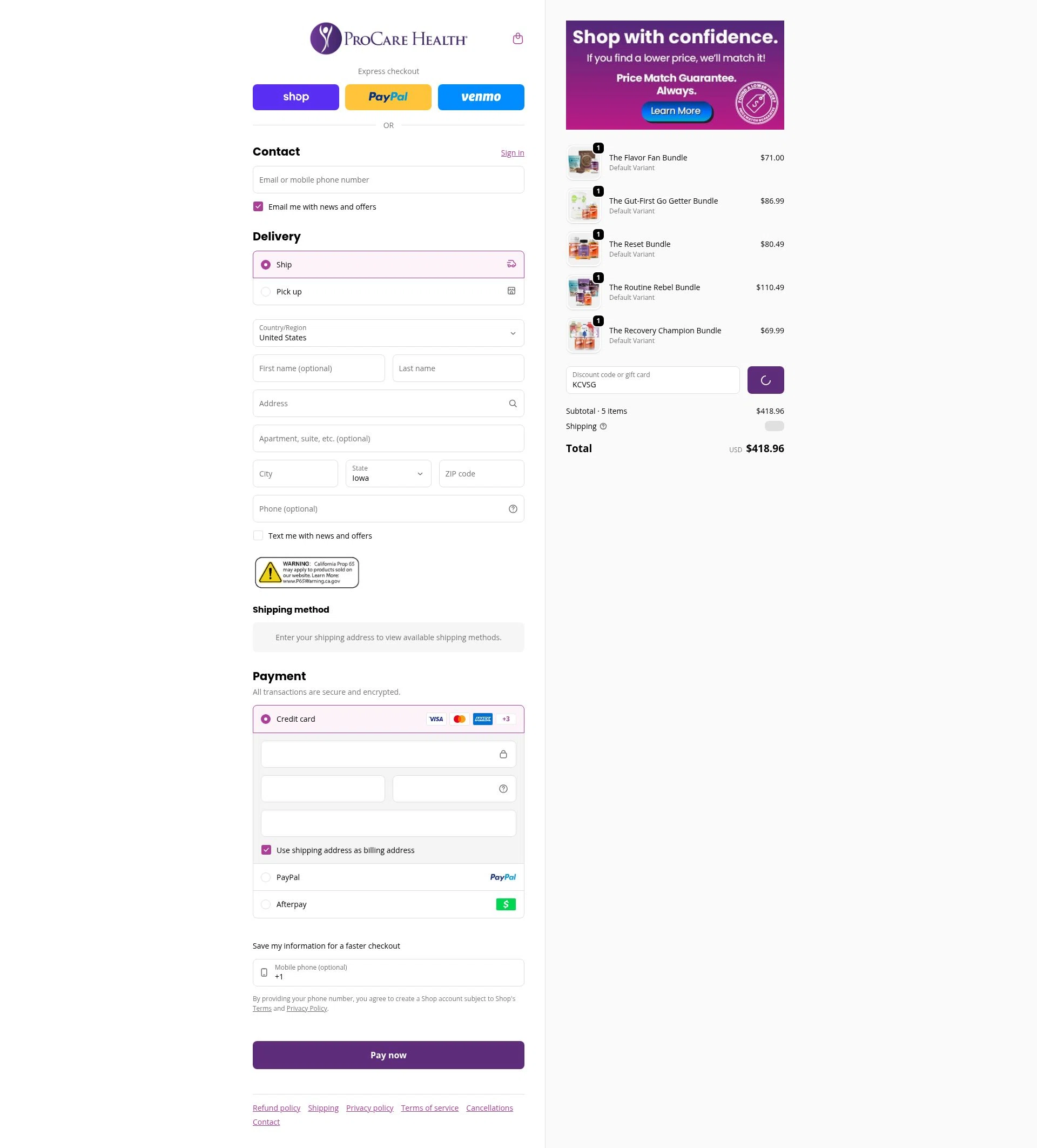 ProCare Health checkout page showing ProCare Health promo code box | Screenshot taken by SimplyCodes community member on Feb 11, 2026