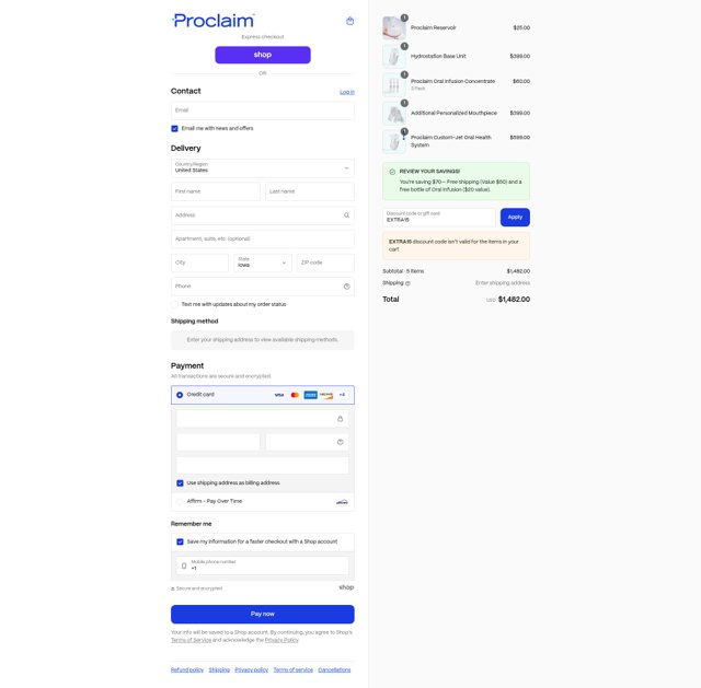 Proclaim Health checkout page showing Proclaim Health discount code box | Screenshot taken by SimplyCodes community member on Sep 8, 2025