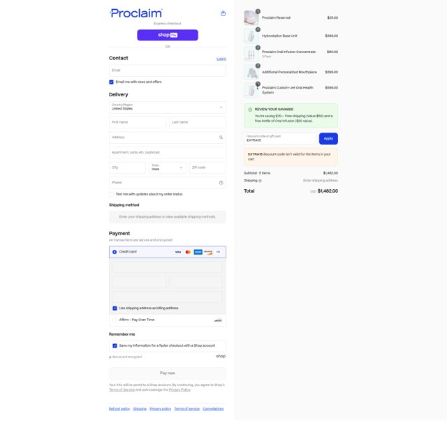 Proclaim Health checkout page showing Proclaim Health discount code box | Screenshot taken by SimplyCodes community member on Aug 27, 2025