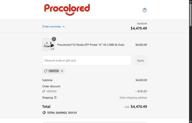 Procolored checkout page showing Procolored discount code box | Screenshot taken by SimplyCodes community member on Sep 4, 2025
