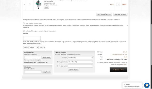 ProCosplay checkout page showing ProCosplay discount code box | Screenshot taken by SimplyCodes community member on Jul 8, 2025