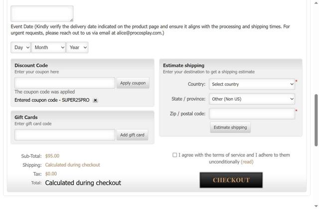 ProCosplay checkout page showing ProCosplay discount code box | Screenshot taken by SimplyCodes community member on Aug 14, 2025