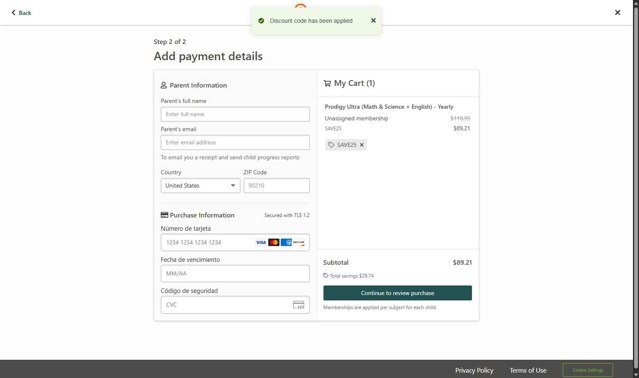 Prodigy checkout page showing Prodigy discount code box | Screenshot taken by SimplyCodes community member on Jul 20, 2025