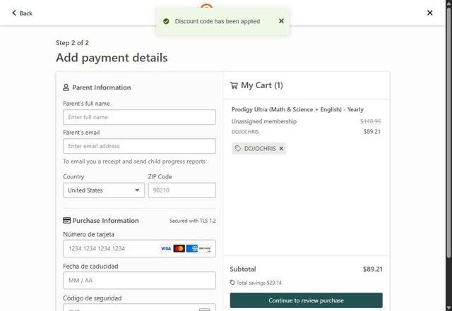 Prodigy checkout page showing Prodigy discount code box | Screenshot taken by SimplyCodes community member on Aug 7, 2025