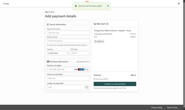 Prodigy checkout page showing Prodigy discount code box | Screenshot taken by SimplyCodes community member on Aug 6, 2025