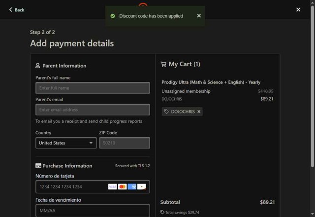 Prodigy checkout page showing Prodigy discount code box | Screenshot taken by SimplyCodes community member on Jul 9, 2025