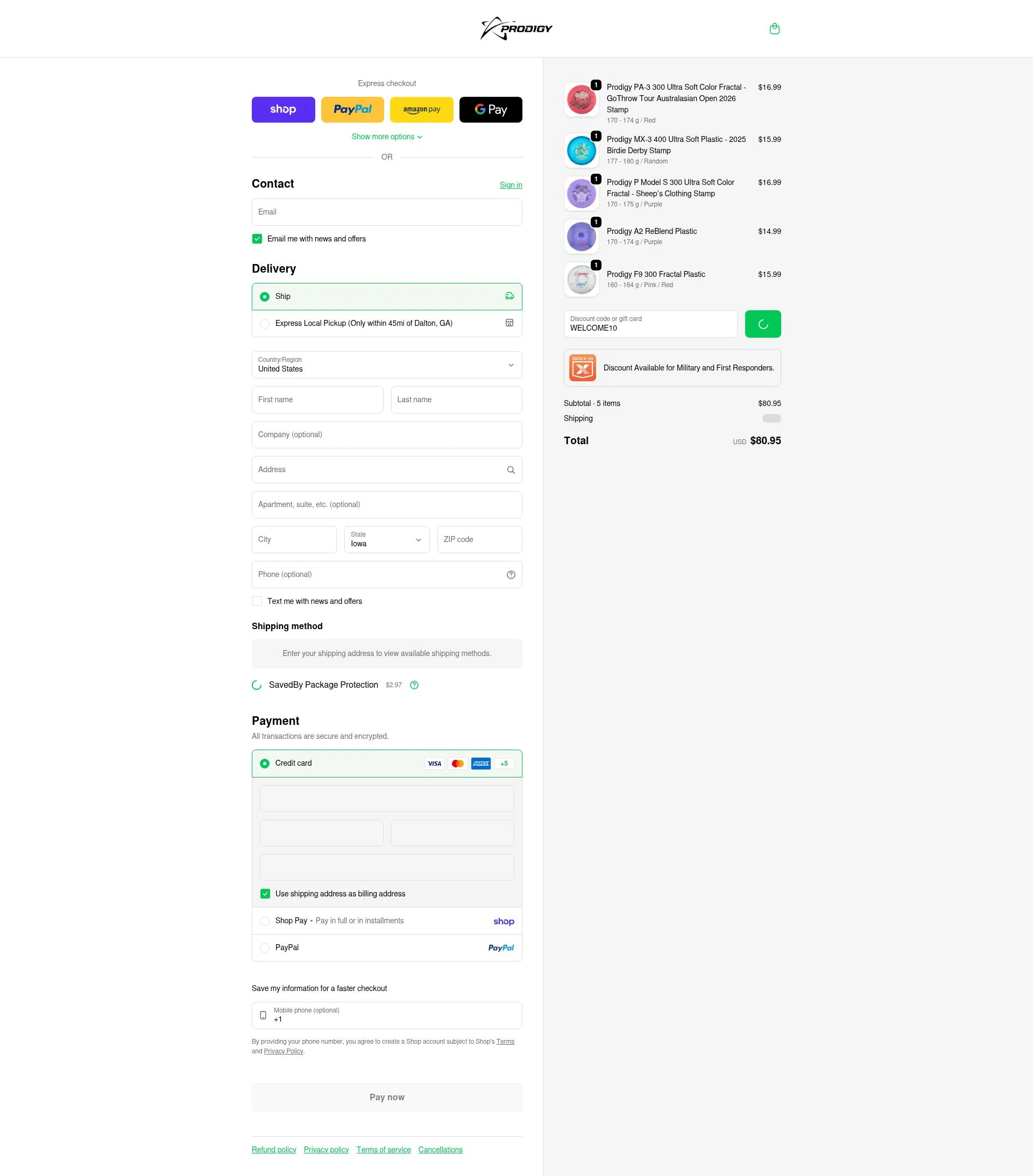 Prodigy Disc checkout page showing Prodigy Disc discount code box | Screenshot taken by SimplyCodes community member on Feb 5, 2026