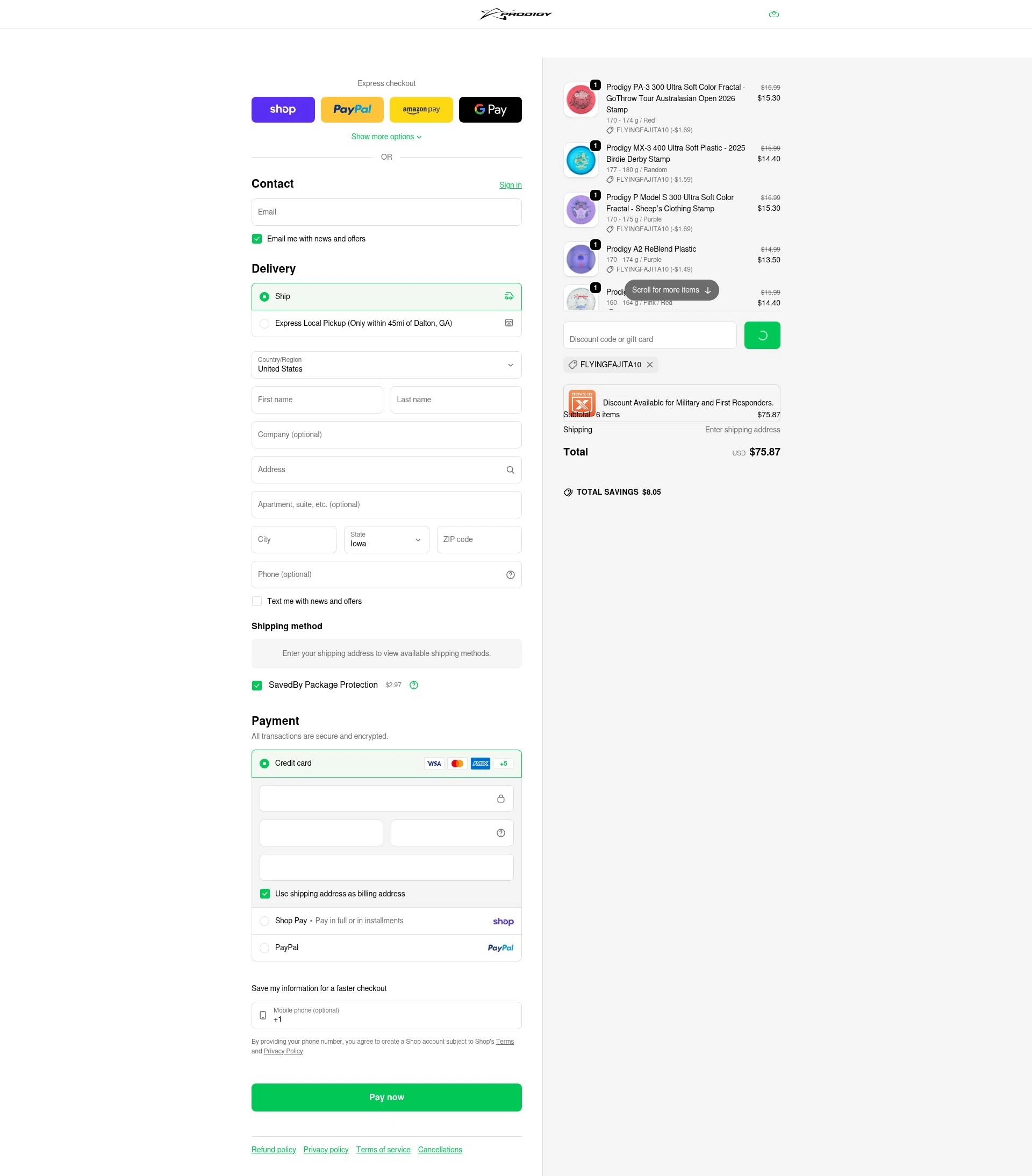 Prodigy Disc checkout page showing Prodigy Disc discount code box | Screenshot taken by SimplyCodes community member on Feb 5, 2026