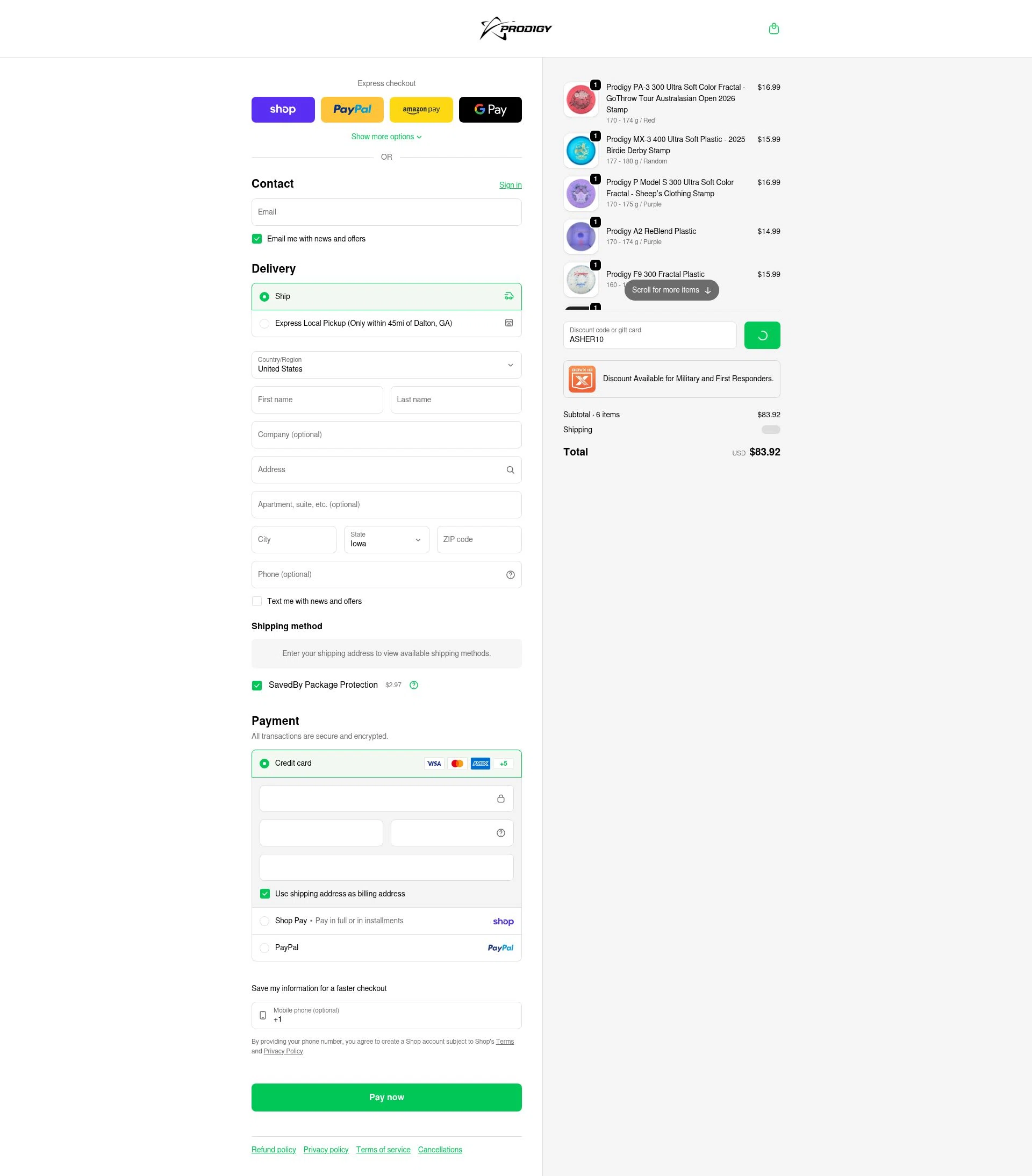 Prodigy Disc checkout page showing Prodigy Disc discount code box | Screenshot taken by SimplyCodes community member on Feb 5, 2026