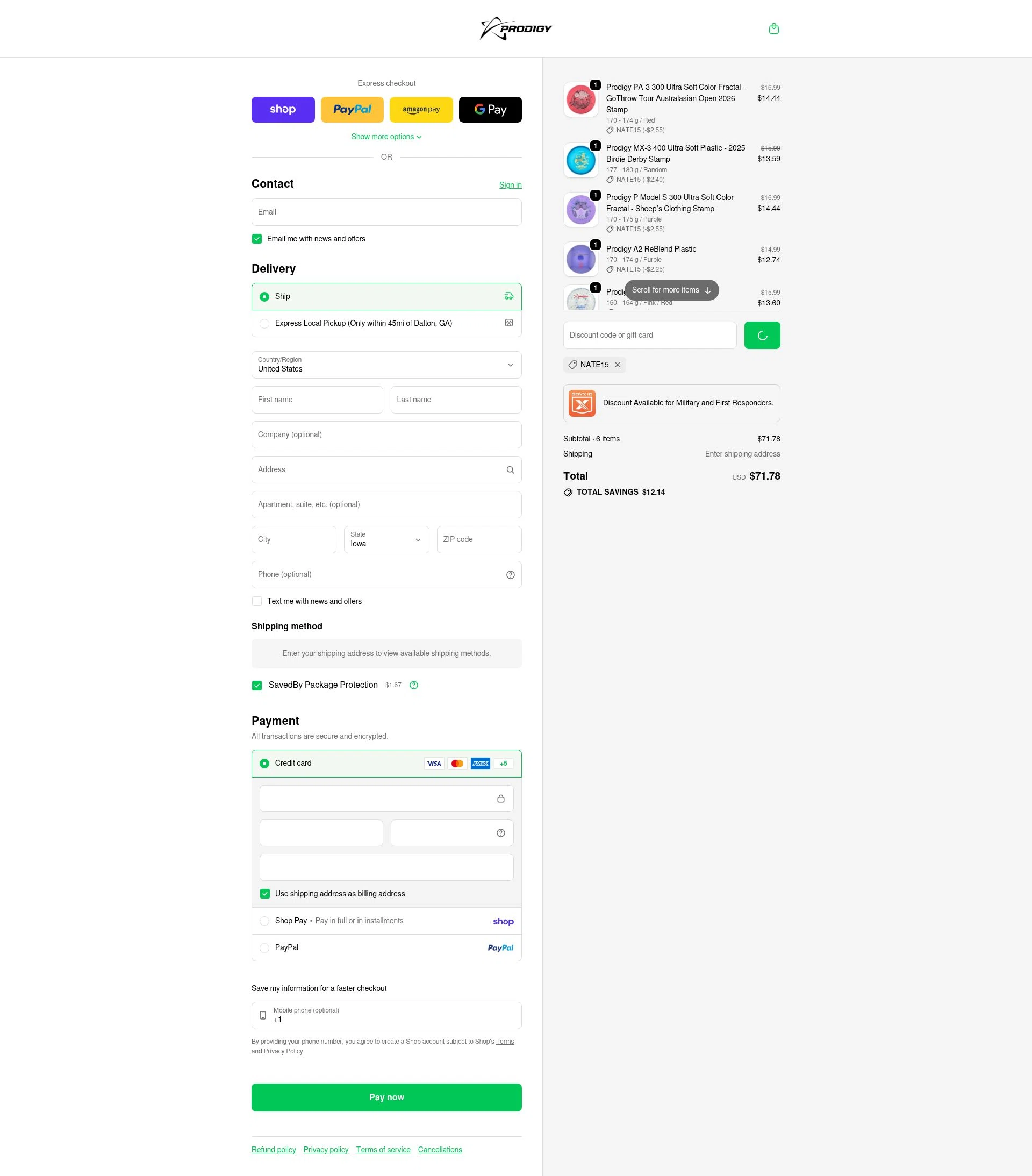 Prodigy Disc checkout page showing Prodigy Disc discount code box | Screenshot taken by SimplyCodes community member on Feb 5, 2026