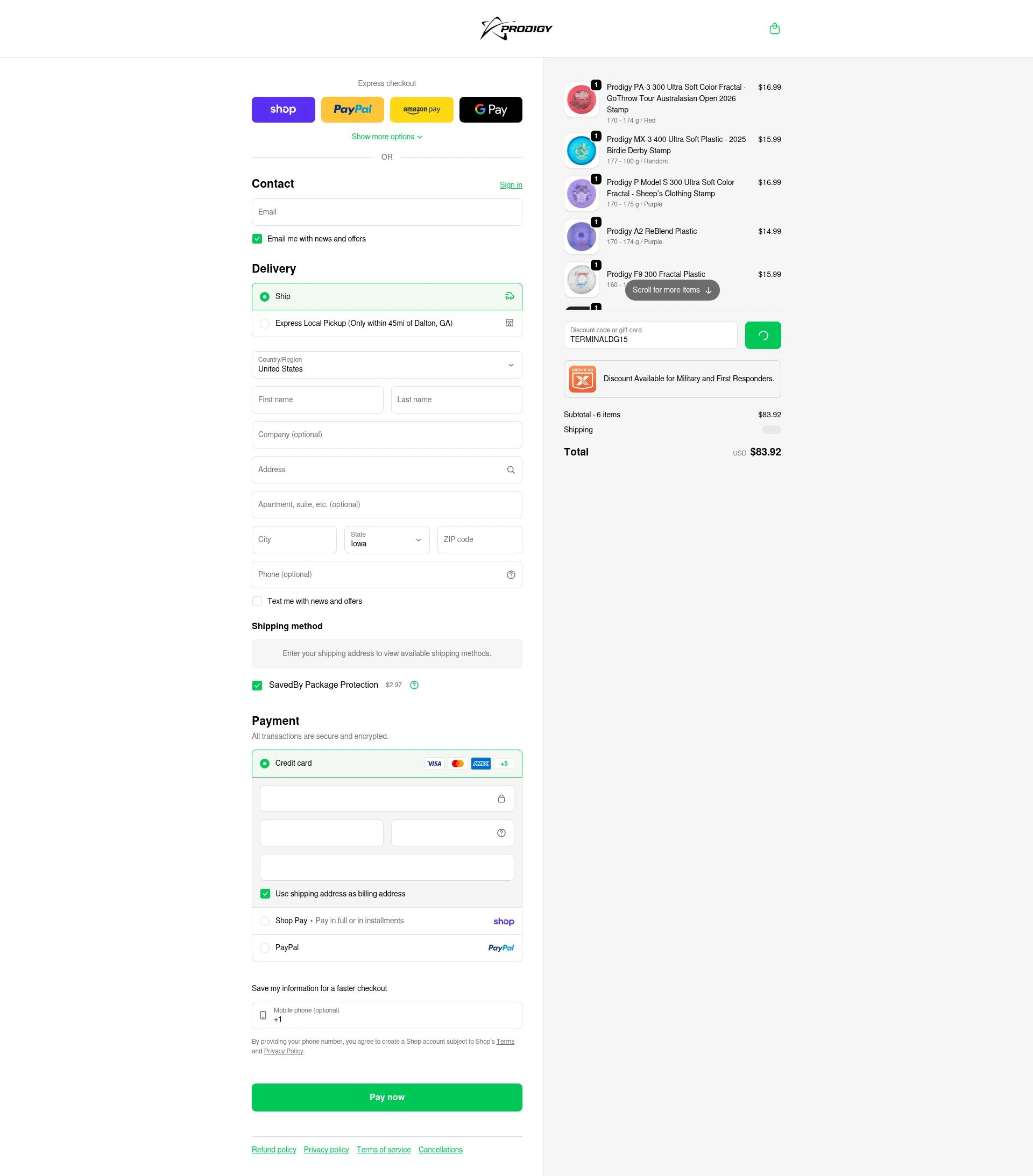Prodigy Disc checkout page showing Prodigy Disc discount code box | Screenshot taken by SimplyCodes community member on Feb 5, 2026