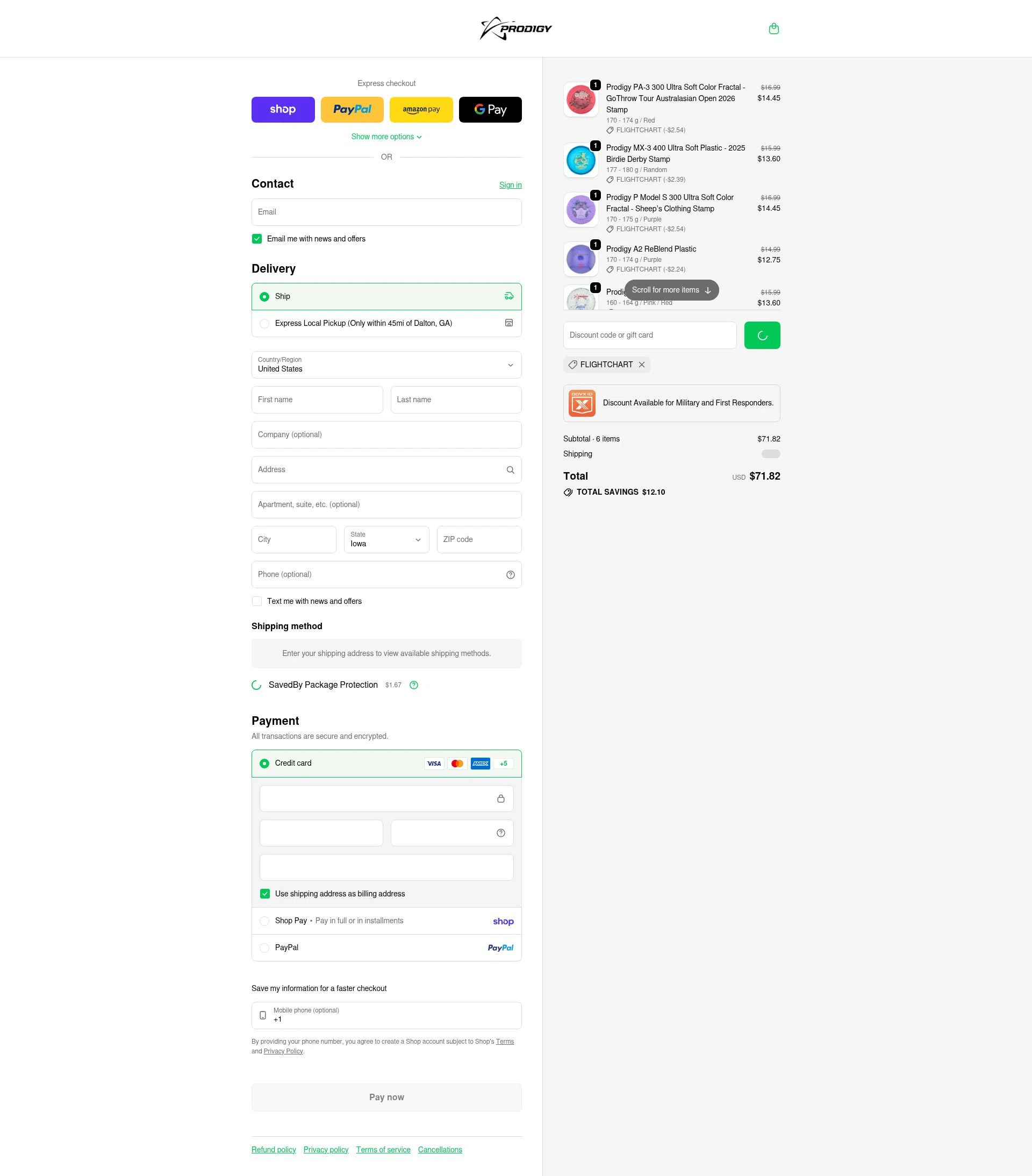 Prodigy Disc checkout page showing Prodigy Disc discount code box | Screenshot taken by SimplyCodes community member on Feb 5, 2026