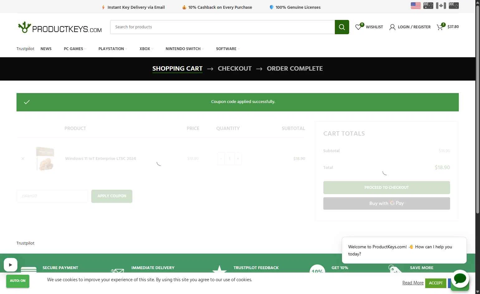 ProductKeys.com checkout page showing ProductKeys.com coupon code box | Screenshot taken by SimplyCodes community member on Feb 19, 2026