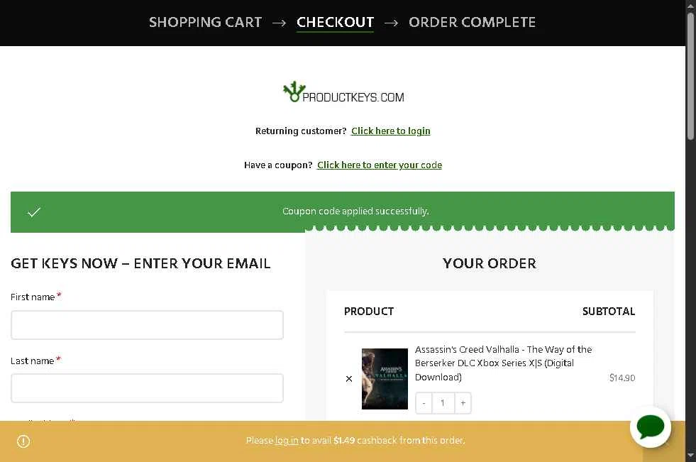 ProductKeys.com checkout page showing ProductKeys.com coupon code box | Screenshot taken by SimplyCodes community member on Jan 28, 2026