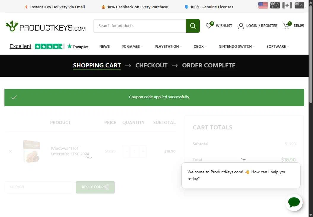 ProductKeys.com checkout page showing ProductKeys.com coupon code box | Screenshot taken by SimplyCodes community member on Jan 21, 2026