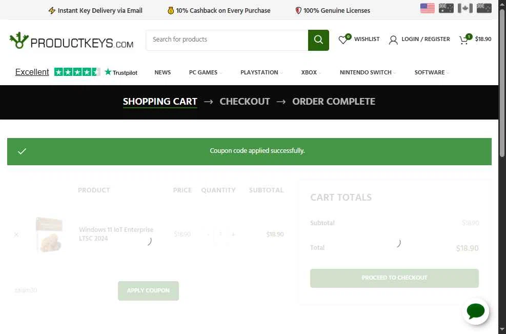 ProductKeys.com checkout page showing ProductKeys.com coupon code box | Screenshot taken by SimplyCodes community member on Dec 23, 2025