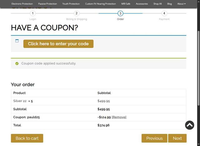Pro Ears checkout page showing Pro Ears discount code box | Screenshot taken by SimplyCodes community member on Jul 2, 2025