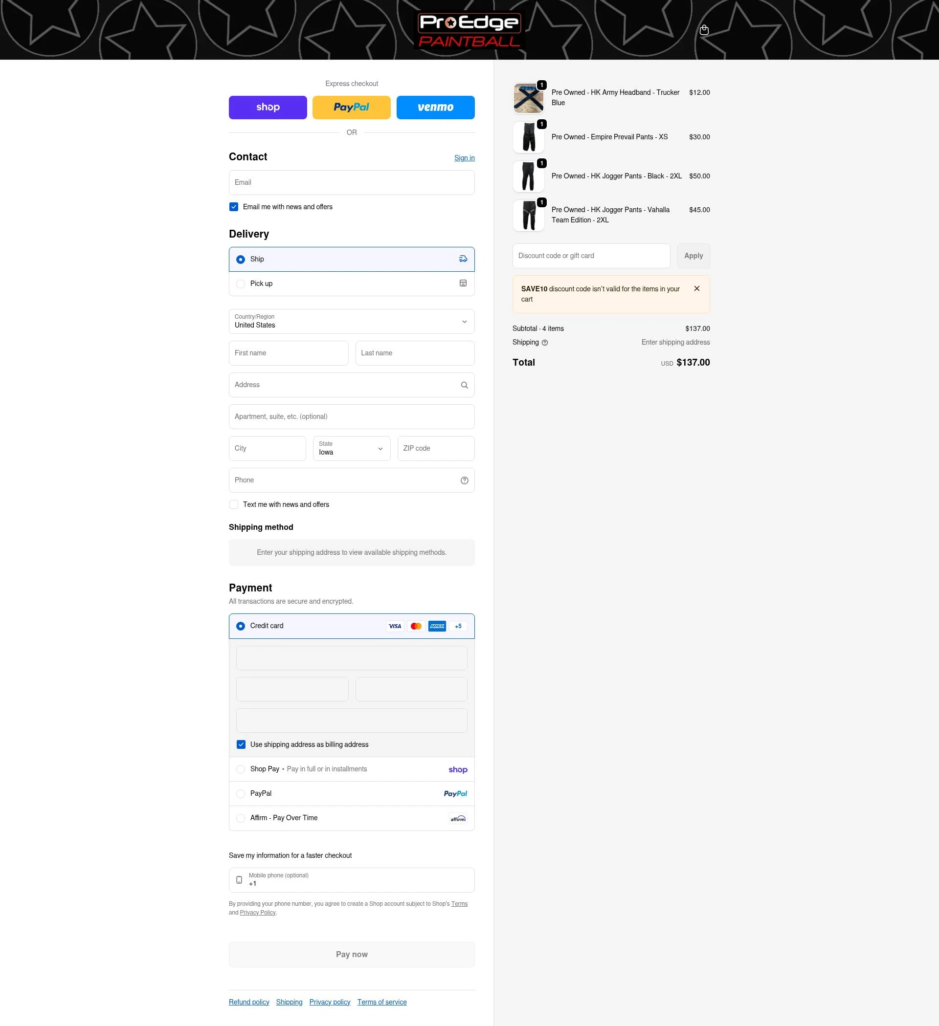 Pro Edge Paintball checkout page showing Pro Edge Paintball promo code box | Screenshot taken by SimplyCodes community member on Feb 5, 2026