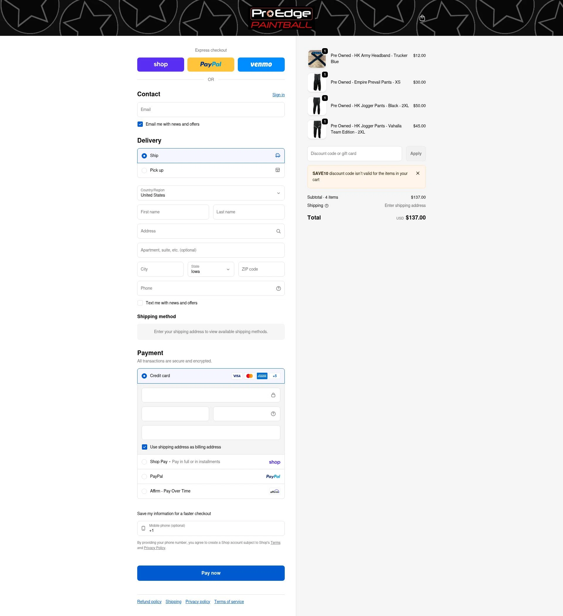 Pro Edge Paintball checkout page showing Pro Edge Paintball promo code box | Screenshot taken by SimplyCodes community member on Feb 1, 2026