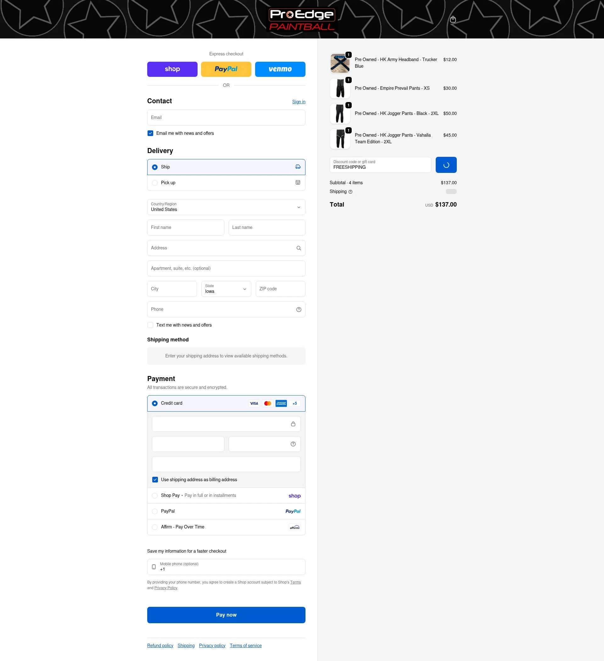 Pro Edge Paintball checkout page showing Pro Edge Paintball promo code box | Screenshot taken by SimplyCodes community member on Feb 5, 2026