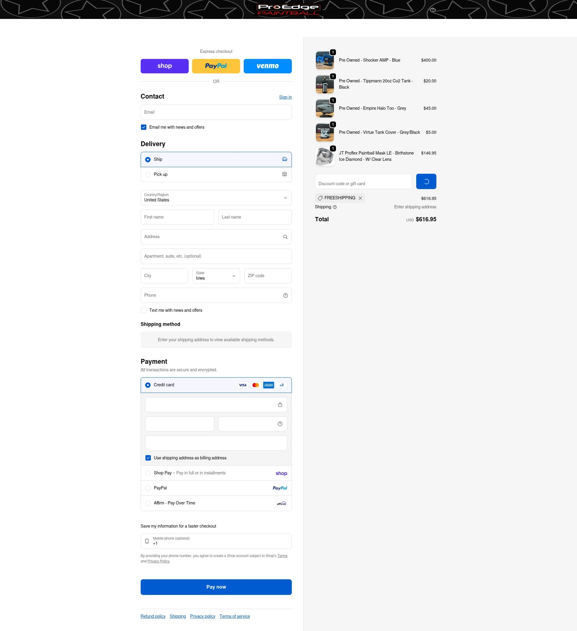Pro Edge Paintball checkout page showing Pro Edge Paintball promo code box | Screenshot taken by SimplyCodes community member on Feb 9, 2026
