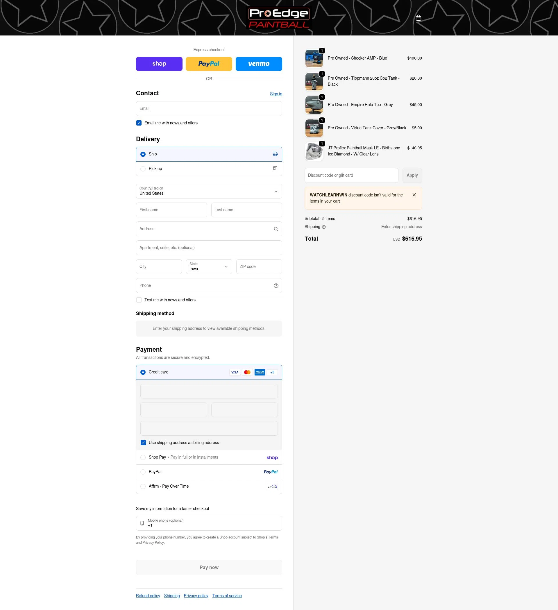 Pro Edge Paintball checkout page showing Pro Edge Paintball promo code box | Screenshot taken by SimplyCodes community member on Feb 9, 2026