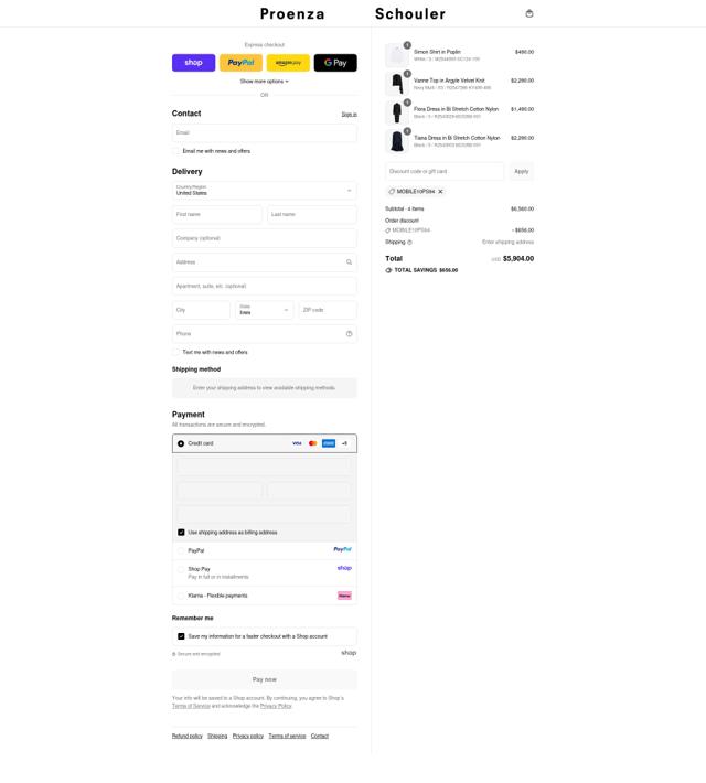 Proenza Schouler checkout page showing Proenza Schouler promo code box | Screenshot taken by SimplyCodes community member on Sep 12, 2025
