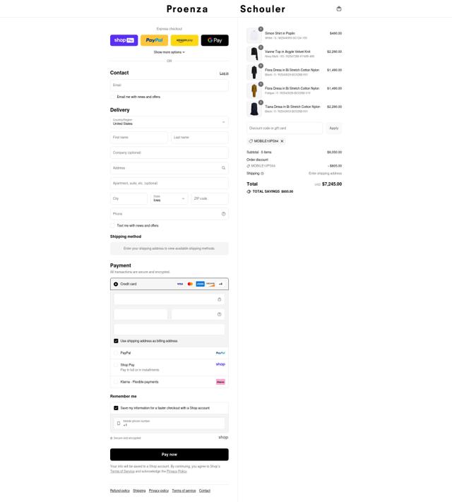 Proenza Schouler checkout page showing Proenza Schouler promo code box | Screenshot taken by SimplyCodes community member on Aug 27, 2025