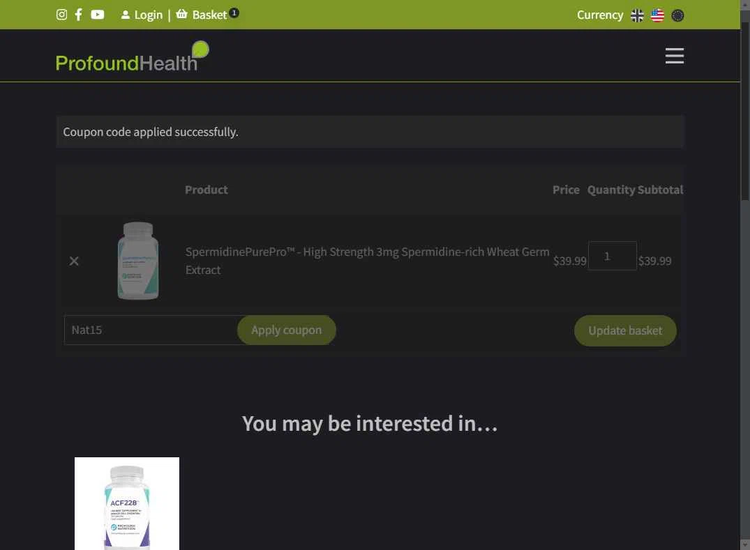 Profound Health checkout page showing Profound Health coupon code box | Screenshot taken by SimplyCodes community member on Aug 16, 2025