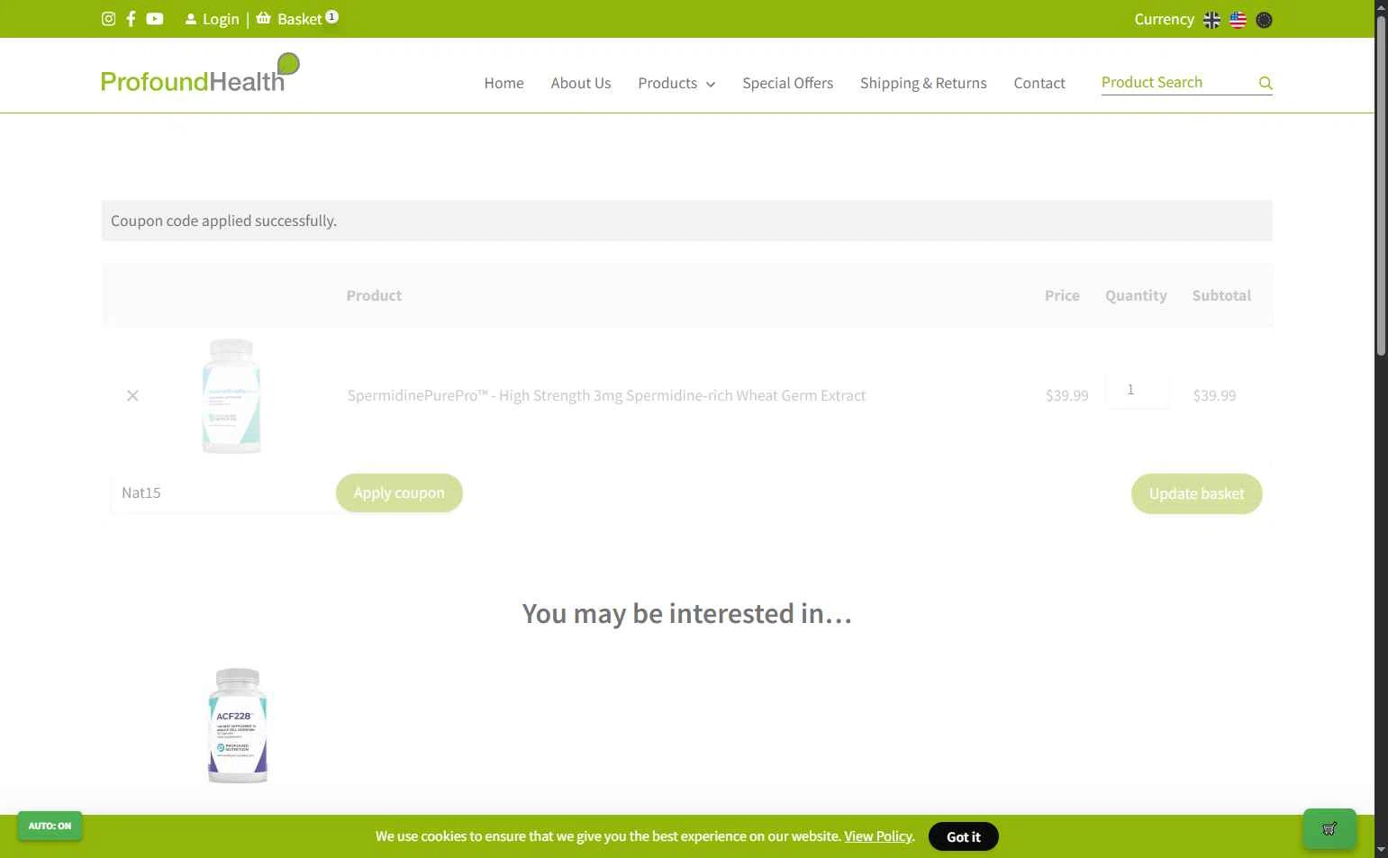 Profound Health checkout page showing Profound Health coupon code box | Screenshot taken by SimplyCodes community member on Dec 5, 2025