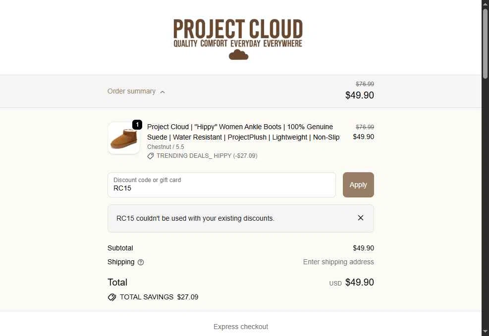 Project Cloud checkout page showing Project Cloud promo code box | Screenshot taken by SimplyCodes community member on Oct 25, 2025