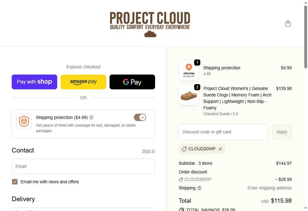 Project Cloud checkout page showing Project Cloud promo code box | Screenshot taken by SimplyCodes community member on Jan 10, 2026