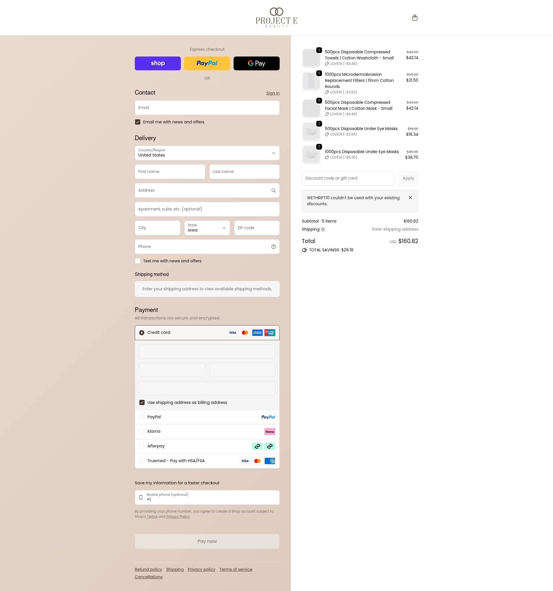 Project E Beauty checkout page showing Project E Beauty promo code box | Screenshot taken by SimplyCodes community member on Feb 10, 2026