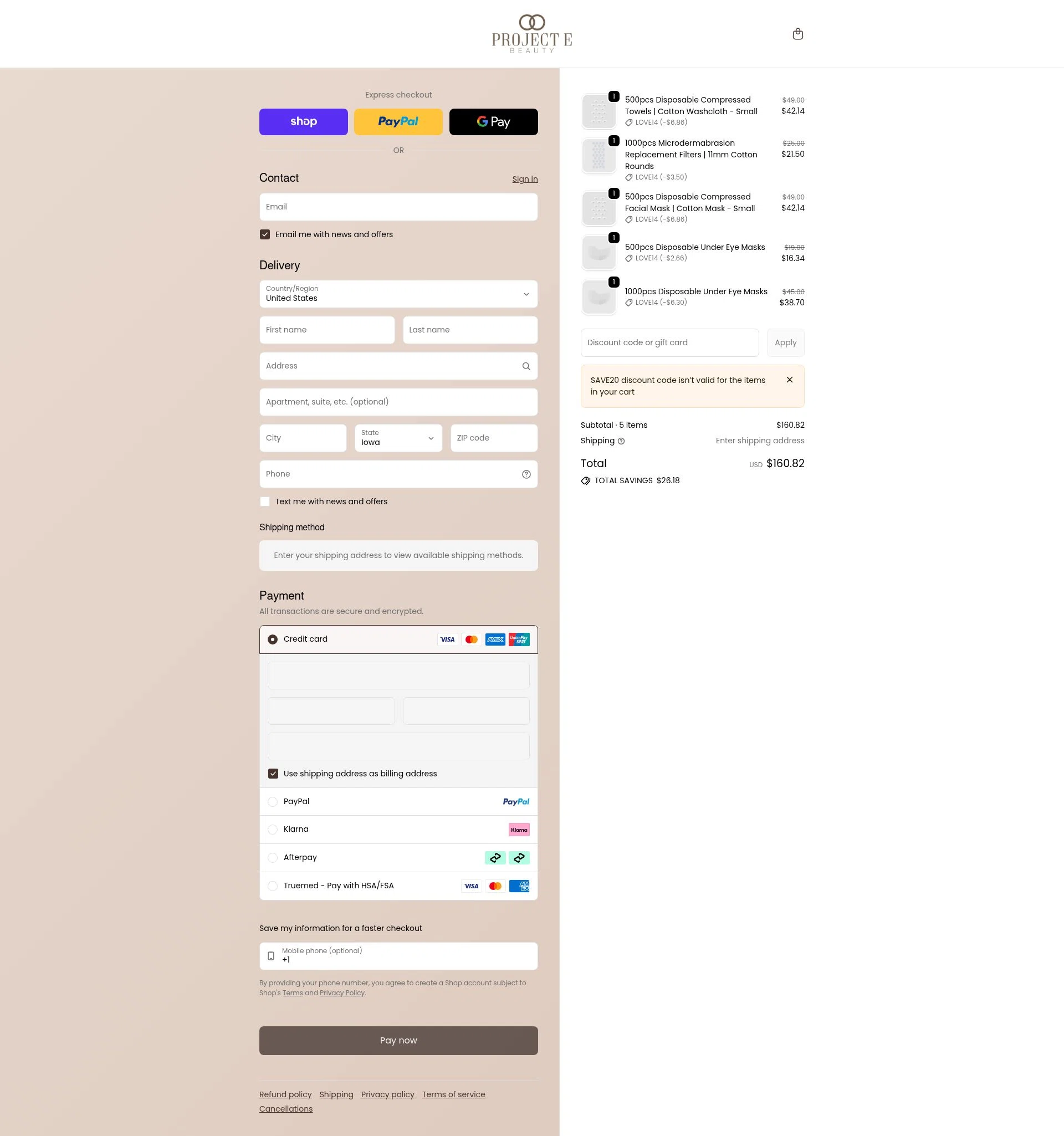 Project E Beauty checkout page showing Project E Beauty promo code box | Screenshot taken by SimplyCodes community member on Feb 10, 2026