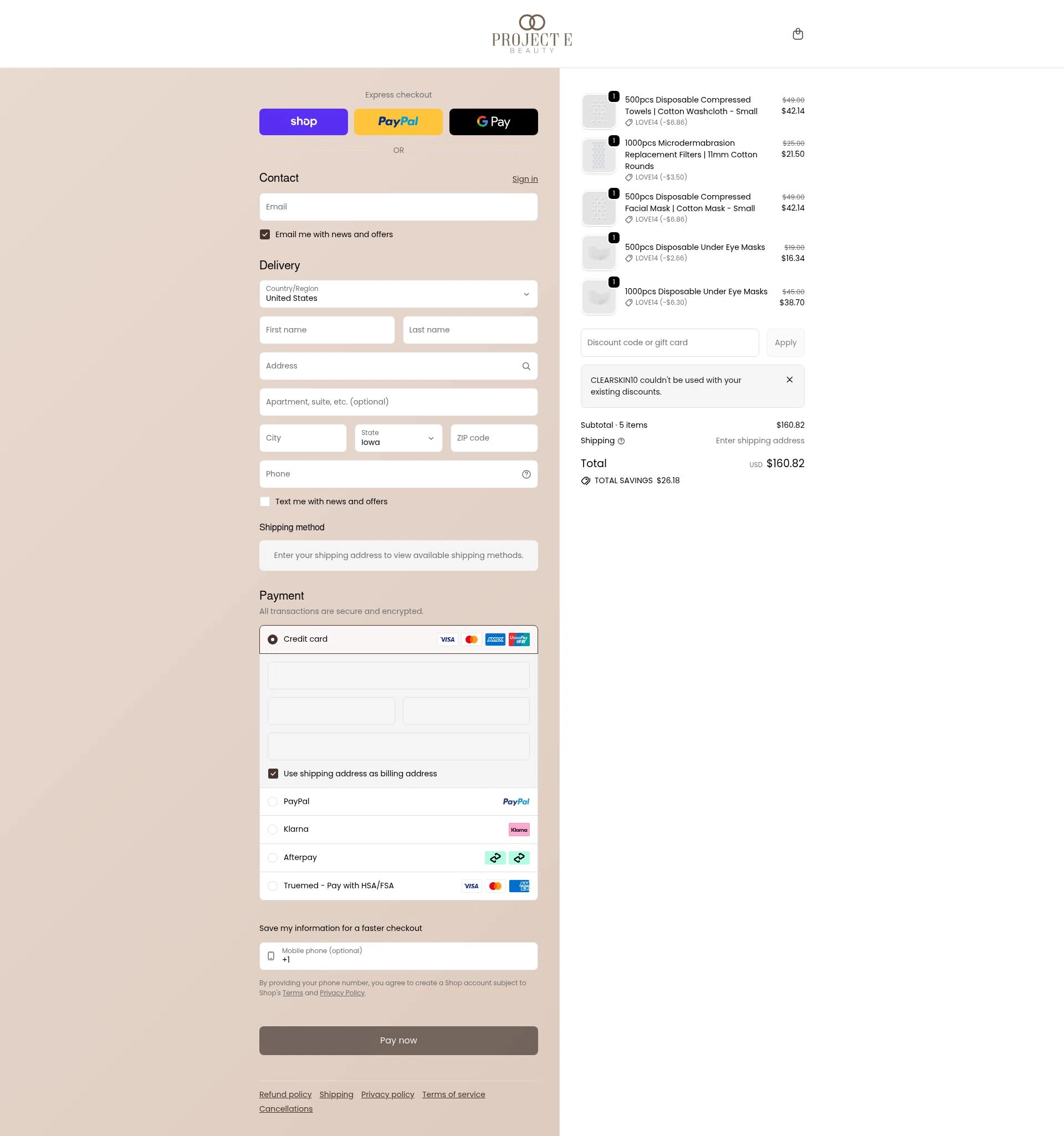 Project E Beauty checkout page showing Project E Beauty promo code box | Screenshot taken by SimplyCodes community member on Feb 10, 2026