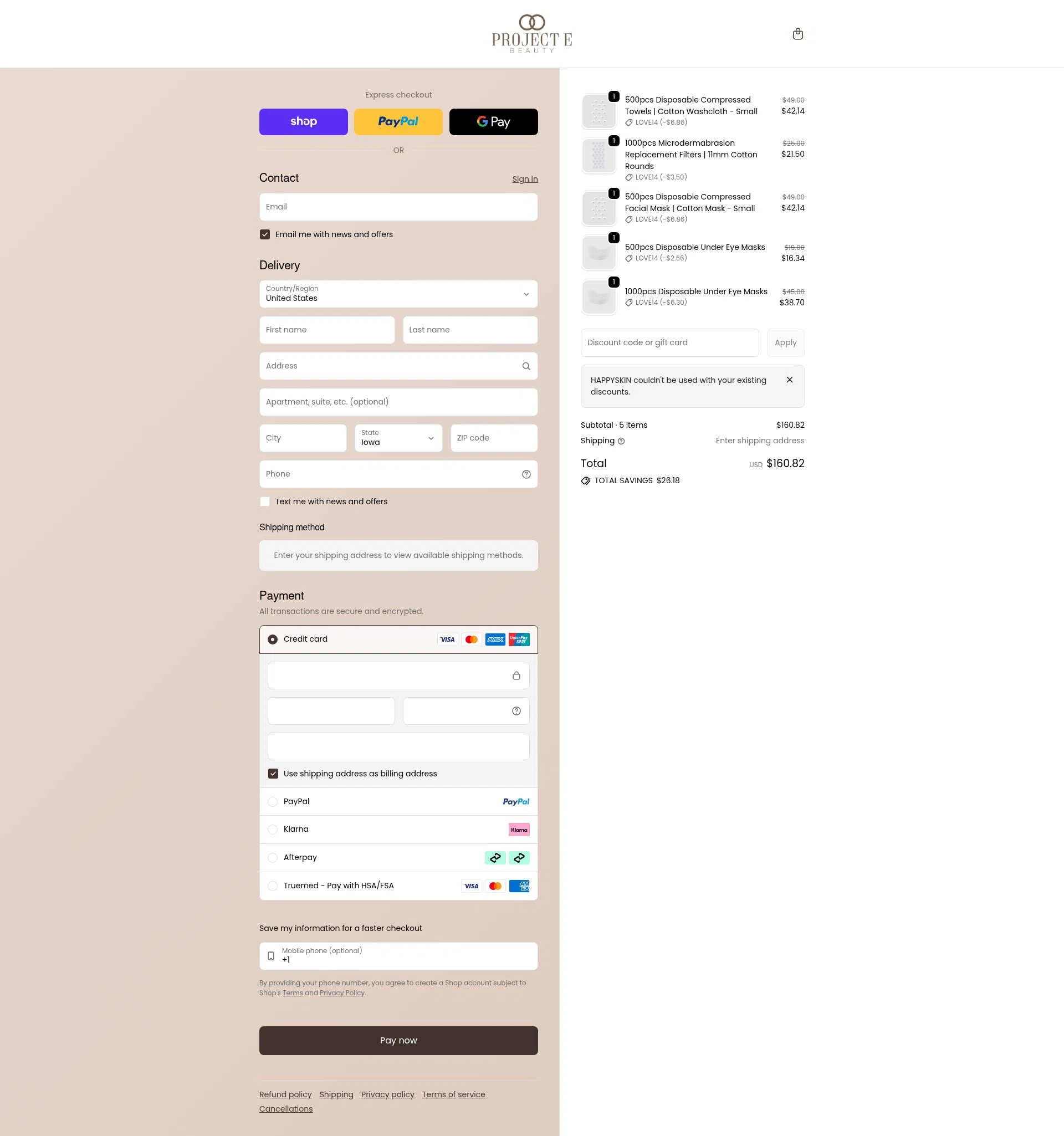 Project E Beauty checkout page showing Project E Beauty promo code box | Screenshot taken by SimplyCodes community member on Feb 10, 2026